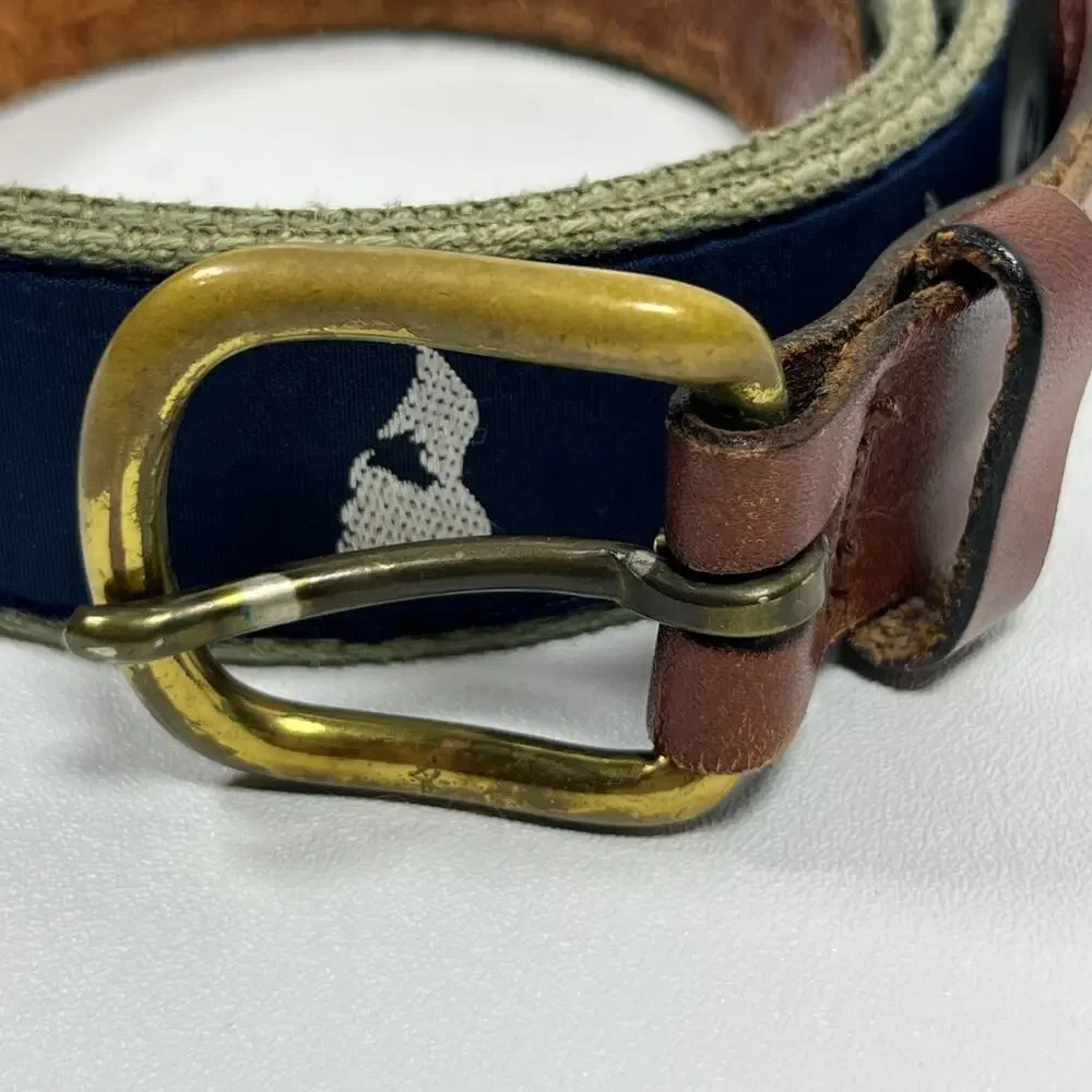 BLOCK ISLAND Belt Mens 34 Ribbon Webbing Leather Map Rhode Island Blue